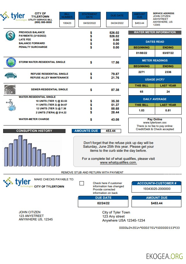 USA Tyler Technologies utility bill template in Word and PDF format